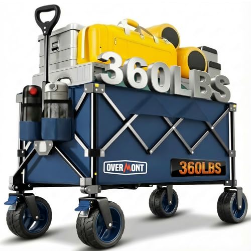 Overmont Carro Playa Plegable con Ruedas - Carrito de Jardín Todo 150L 150 kg con Todo-Terreno Desmontables Ruedas Grandes - Carros transporte plegable con Portavasos per Camping Compras Deportes Azul
