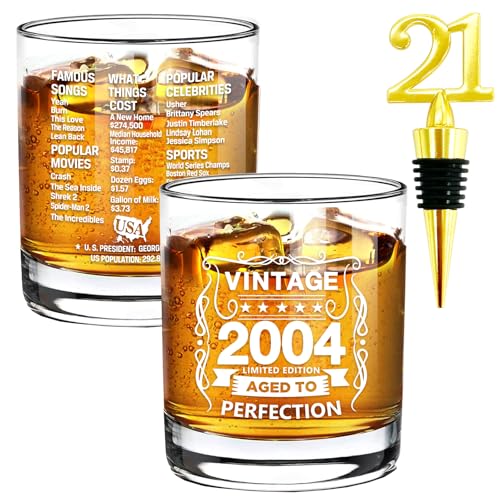 Old Fashioned Glasses-2004-Vintage 2004 old time information 10.25oz Whiskey Rocks Glass -21st Birthday Aged to Perfection - 21 years old gifts Bourbon Scotch Lowball Old Fashioned-1PCS
