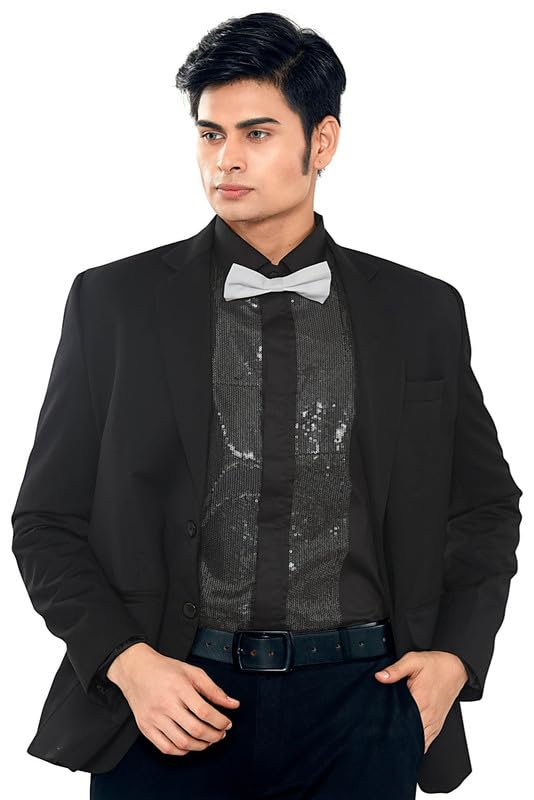 Image of GLOBALRANG Men's Sequin Tuxedo Shirt | Satin Cotton | Cut Away Collar with Bow Tie