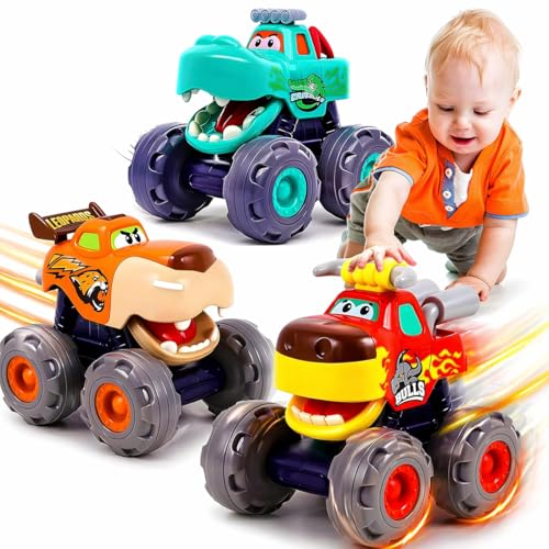 Image of MOONTOY Toy Cars for Toddlers 1-3, 3 Pack Monster Truck Toys for 1 2 3 Year Old Boy Gifts, Baby Animal Play Vehicle Push Pull Back Truck for 12-18 Months 2-4 0-2 1-2 One Year Old Boy 1st Birthday Gift