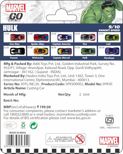 Image of Marvel Go Collection | Knight Speed | Hulk | 1:64 Diecast Toy Car | Ages 3 and Up | Collect Them All, Green