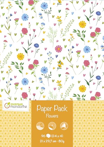 MY MANDARINE CC067C - PAPER PACK - Paquet de 96 Feuilles de papier créatif imprimées recto-verso A4 - FLOWERS