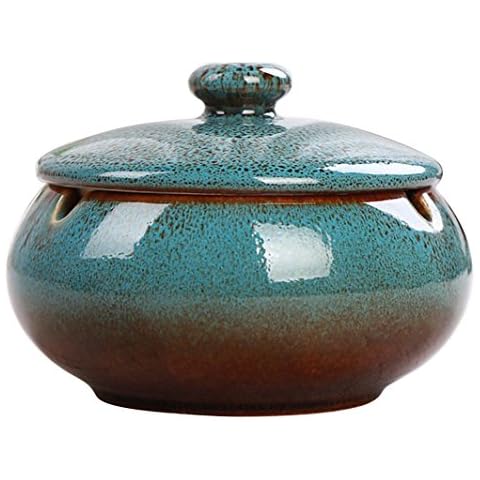 Hoobar Ceramic Ashtray with Lid Round Cigar Ashtray with Water Tank for Home & Office Ash Holder Great Gift for Smokers (Blue) Cover