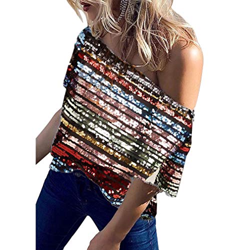 QIYUN.Z Womens Off One Shoulder Sequined Tops Plus Size Sparkle Glitter Short Sleeve T Shirts Multicolor XL QIYUN.Z Womens Off One Shoulder Sequined Tops Plus Size Sparkle Glitter Short Sleeve T Shirts Multicolor XL