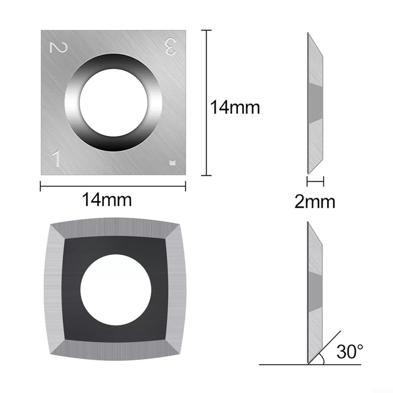 Quadratische Hartmetall-Einsätze, Hartmetall-Einsätze, 14 x 14 x 2 mm, quadratischer Wendeschneider für Holzbearbeitung, 10 Stück mit 30°-Schnittwinkel