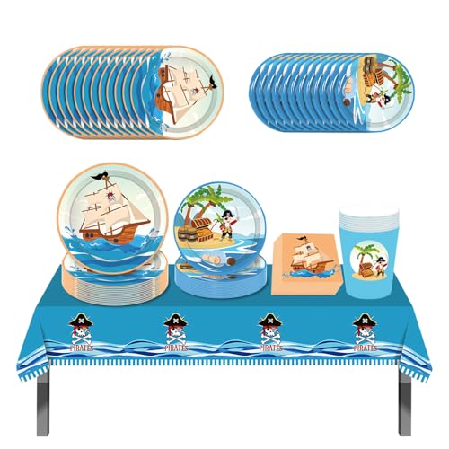 ZOOMPIL Vaisselle Thème Pirate, 45Pcs Vaisselle Pirate Anniversaire, avec Anniversaire Nappe...