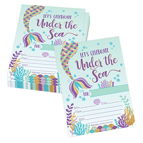 Image of Hadley Designs Kids Birthday Invitations Girl Mermaid Theme - 25 Mermaid Birthday Party Invitations For Girls, Under the Sea Invites For Girls, Cute Party Supplies, Made in USA