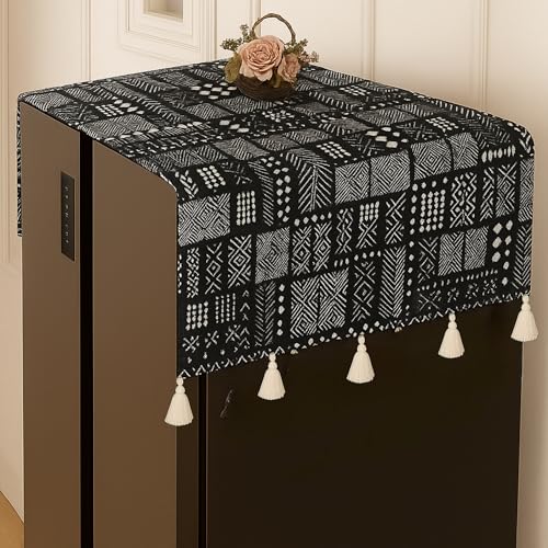 Image of Side by Side Fridge Cover >400L | 450 GSM Durable Fridge Top Cover Mat | Fits Godrej, LG, Haier, Samsung Models | Dustproof Side by Side Door Refrigerator Cover in Mud Cloth Print | WWW.THROWPILLOW.IN