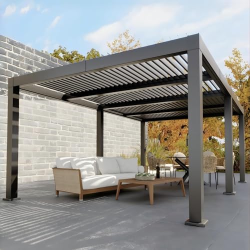 Image of 12 Ft x 20 Ft Louvered Pergola - All-Aluminum with Adjustable Louvered Roof, Reinforced Frame & Integrated Drainage, Hard Top Gazebo for Patio & Deck, Gray