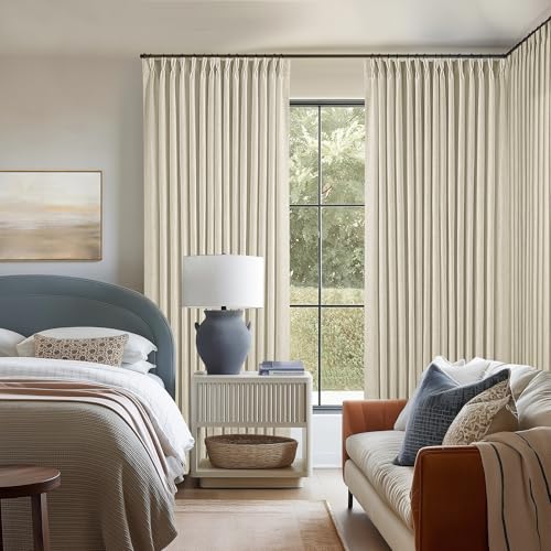 Image of TWODRAPES Extra Wide Pinch Pleat 100 x 84 Inch Linen Curtains for Living Room Beige Light Filtering Semi Sheer Pleated Curtains for Patio Glass Sliding Door Dining Bedroom Large Window 100x84 1 Panel