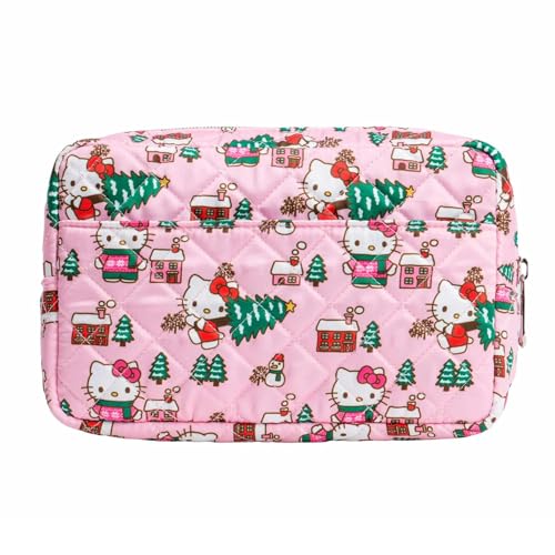 Impressions Vanity Hello Kitty Cozy Cosmetic Pouch for Women, Travel Makeup Bag Organizer Diamond Quilted Exterior with Slip Pocket and Zipper Pocket Silver Hardware, Holiday Artwork Polyester