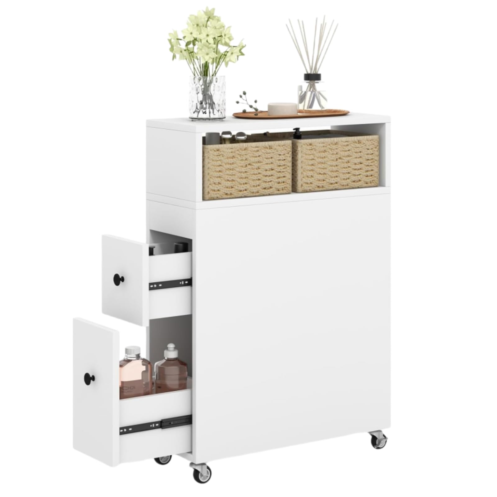 LUARANE Slim Rolling Bathroom Storage Cabinet, Wooden Free Standing Floor Cabinet with 2 Slide Out Drawers 2 Baskets Wheels, Rolling Narrow Toilet Side Cabinet for Bathroom Living Room, White