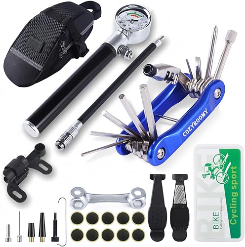Kit Herramientas Bicicleta,Reparación de pinchazos Bicicleta, 210 PSI Mini Pump, Multi-Herramienta 10 en 1, Palancas de neumáticos y 10 Parches,1 Bolso portátil. 6 Meses de Garantia