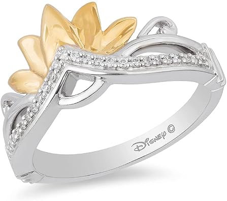 Jewelili Enchanted Disney Fine Jewelry Sterling Silver and 10K Yellow Gold 1/10 Cttw Diamond Tiana Tiara Ring