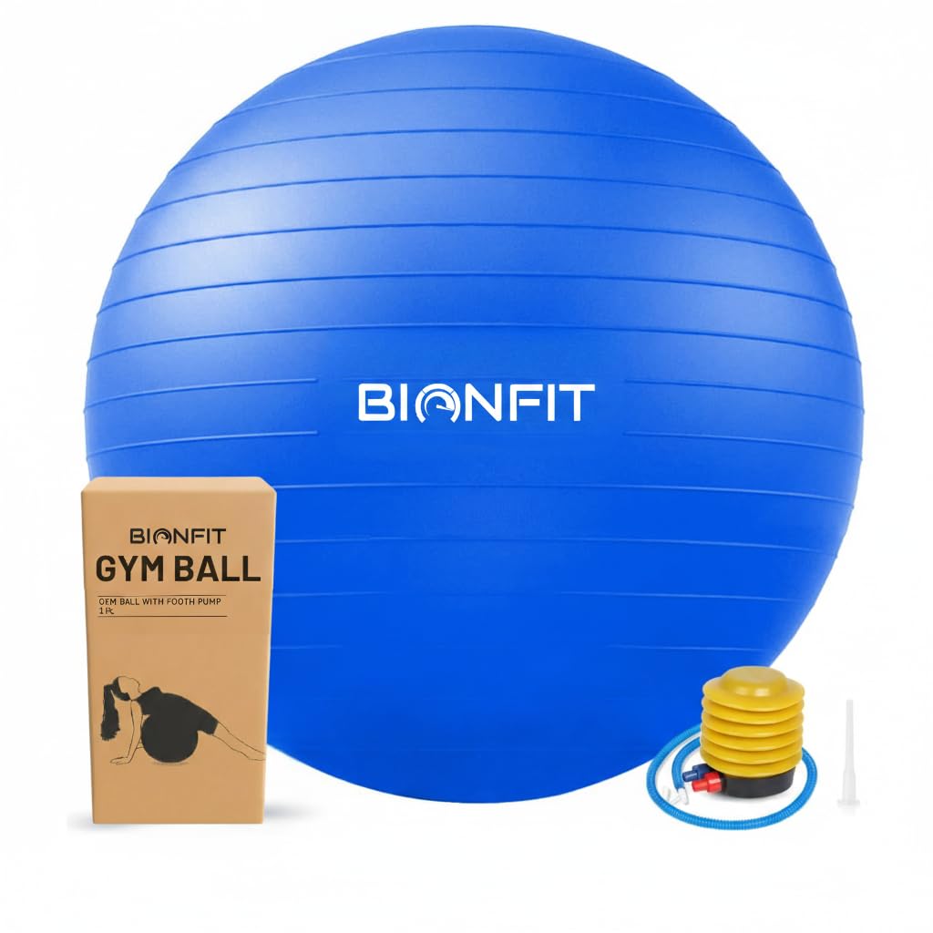 BIONFIT Premium Gym Ball for Men & Women Fitness & Exercise - Anti-Burst Stability Ball for Yoga Fitness, Pilates, Core Training & Stretching, Best Birthing Ball for Pregnancy - with Foot Pump, 85cm