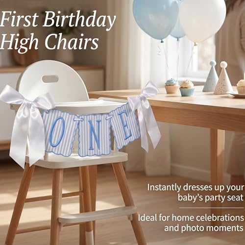 Image of Blue and White Striped ONE High Chair Banner Boy Light Blue Vertical Stripe Embroidered 1st Birthday Highchair Banner First Birthday Decorations for Boy (Blue Stripes)