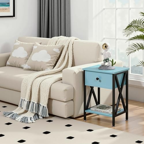 Image of VECELO Nightstands, Modern Bedside End Tables Set of 2, Night Stand with Drawer and Storage Shelf for Living Room Bedroom, Industrial Metal Frame