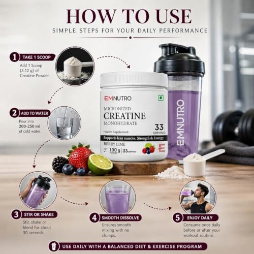 Image of Creatine Monohydrate Micronized Powder, Berry Lime Flavour, 100 g | Easy Mix Creatine Supplement for Men & Women | Pre & Post Workout | Gym & Fitness Nutrition