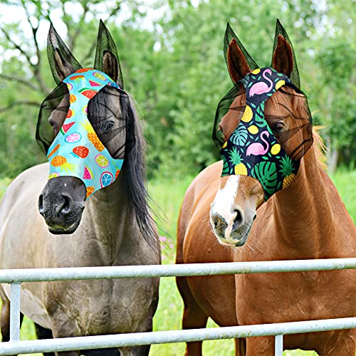 Weewooday 2 Pieces Horse Fly Masks for Horses Soft Fly Masks for Ears Smooth and Elasticity Mask with UV Protection(Summer Patterns,L)