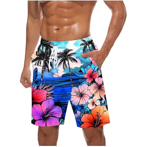Beach Shorts for Men's 2025 Trendy Hawaiian Printed Plus Size Lace up Elastic Waist Loose Comfy Casual Swim Trunks