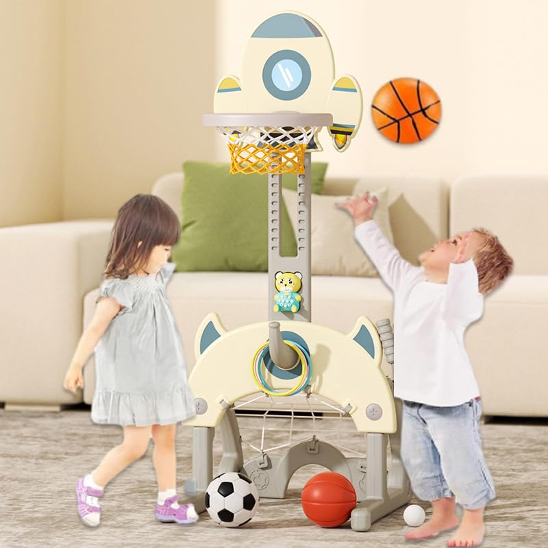 AM ANNA 5-in-1 Toddlers Basketball Hoop Stand Adjustable Height Sports Center with Basketball Soccer Golf Game Set Basketball Hoop for Kids Boys Girls Indoor Outdoor Sports