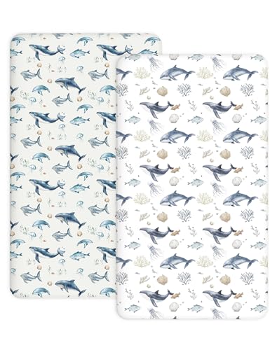 Image of Crib Sheets for Boys and Girls, 2 Pack Fitted Baby Sheets for Standard Toddler Mattress 28 inch x 52 inch, Soft Breathable Jersey Knit Baby Bedding (Aquatic Adventures)