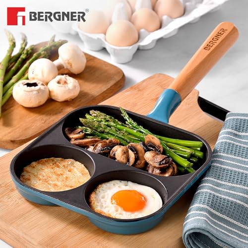 Image of Bergner Excalibur Lightweight Cast Iron 18cm Breakfast Pan, Sturdy Wooden Handle, Non-Stick Coating, PFAS Free, Perfect Heat Distribution, Elegant Design - Induction Compatible (Blue)