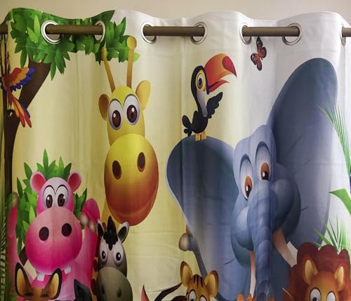 Image of 3D Printed Cartoon Animals Theme School Curtains for Kids Room /Playschool Long Door Curtains, 4x9 feet Set of 3 pcs