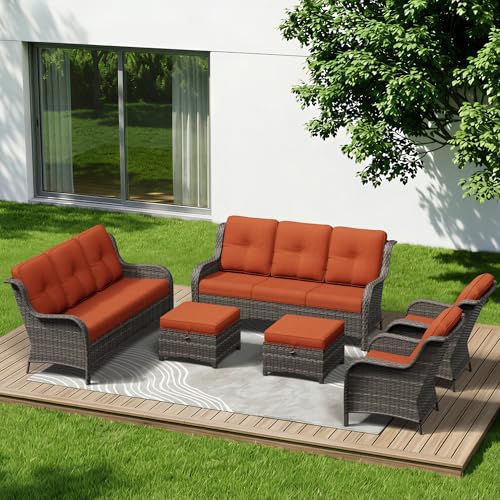 Image of 6 Piece Outdoor Wicker Patio Furniture Set, Patio Chairs Set with Thickened Olefin Cushions, High Back and Deep Seating, Hand-Woven PE Rattan, Ottoman for Porch, Deck