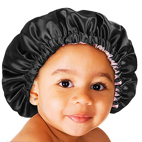 Image of YANIBEST Baby Satin Bonnet Sleep Cap - Double Layer Reversible Adjustable Silky Satin Cap for Infant Toddler(0-6 Months,Black)