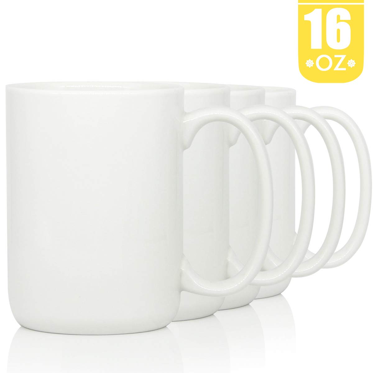 Smilatte 16 OZ Sublimation Porcelain Coffee Mugs, Classic Blank Ceramic Cup with Large Handle for Tea Latte Cappuccino, Set of 4, White