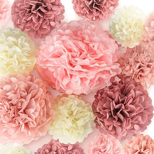 Partydekoration Pompons 15 Stück Rosa Weiß Seidenpapier Pompons Deko mit Tissue Papier Pom Poms und Dots Papier Girlande für Hochzeit Abschlussball Babyparty Geburtstag