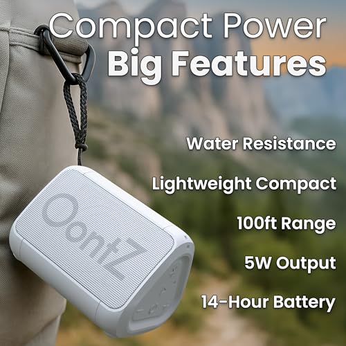 Image of OontZ Angle Solo Compact Bluetooth Speaker, 14-Hour Playtime, White | Compact 5W Bluetooth speaker with clear sound, 100-ft range, IPX5, mic, AUX Input and USB-C Charging Cable.