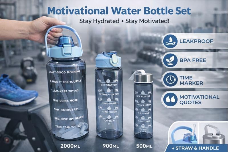 Image of Motivational Water Bottle Set | Pack of 3 | 2000ml, 900ml, 500ml | Time Marker Water Bottles with Straw | BPA Free Leakproof Sports Bottles for Gym Workout Daily Hydration Use
