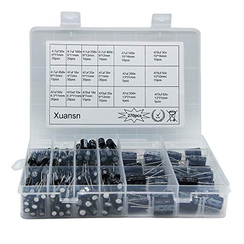 Electrolytic Capacitor 4.7uF 47uF 470uF 10V 16V 25V 50V 63V 100V 160V 200V 250V 400V 450V Capacitors Kit 18Value 270Pcs for Repair Household Appliances Communication Equipment Electronic Toy