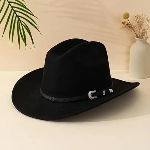 Bawnhaw Felt-Fedora Western-Cowboy-Hat For Women-Men With Gus-Buckle-Belt Bling-Rhinestone Rolled-Up Black Jazz Retro Panama Rodeo-Cowgirl-Hats M thumb #9