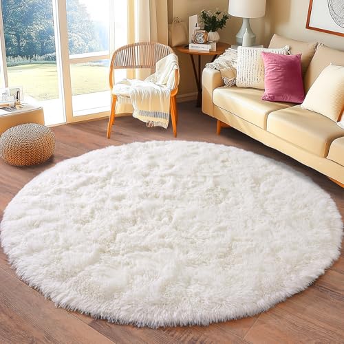 BSGIFT Alfombra de pelo largo, redonda, 100 cm, color crema, mullida, moderna, para salón, alfombra de cama, alfombra de pelo alto, antideslizante, para dormitorio, habitación infantil
