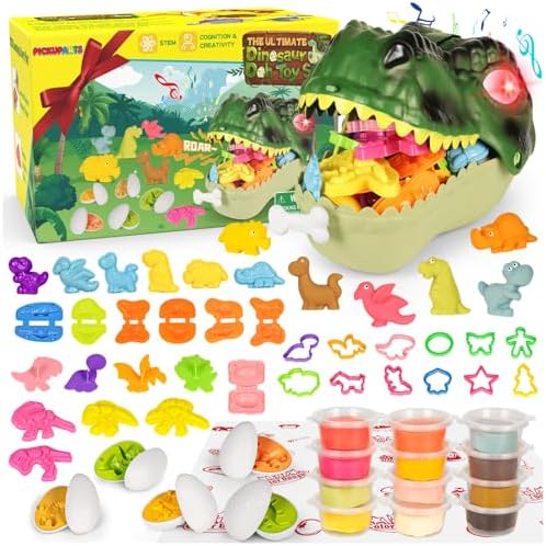Play Tools for Kids Dinosaur Doh Toys Taxiable Dino Box with Music & Lighting Dough Eggs Tools Educational Figures 12 Clay for Boys Girls Age 3 4 5 6 7 8