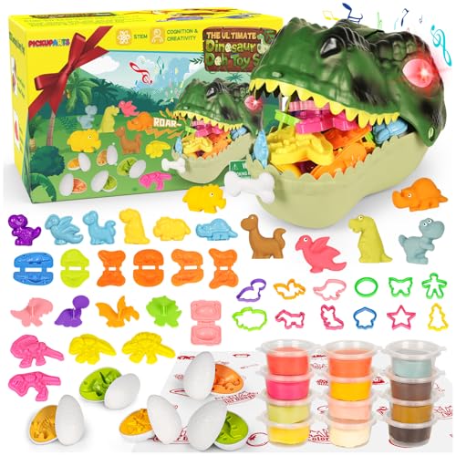 Play Tools for Kids Dinosaur Doh Toys Taxiable Dino Box with Music & Lighting Dough Eggs Tools Educational Figures 12 Clay for Boys Girls Age 3 4 5 6 7 8