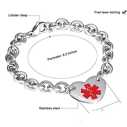 Lf 316L Stainless Steel Blood Thinner Engraved Medical Alert Heart Charm Link Bracelet Rolo Chain Medic Id Bracelets Monitoring Awareness For Womens For Outdoor Emergency #TOP1