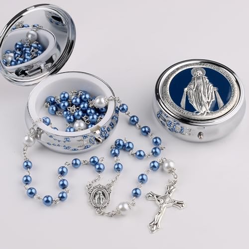 Catholic Town 6mm Glass Pearl Beads with 8mm Our Father Beads with Caps Rosary Pack in Miraculous Metal Gift Box (Available in Blue and Pink colors)4