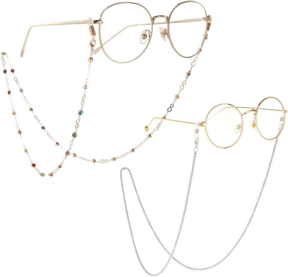 Eyeglass Chains for Women 2pcs Sunglasses Reading Glasses Strap Holder Cords Fashion Lanyards Eyewear Retainer (Colorful Beads+Sliver, One Size)