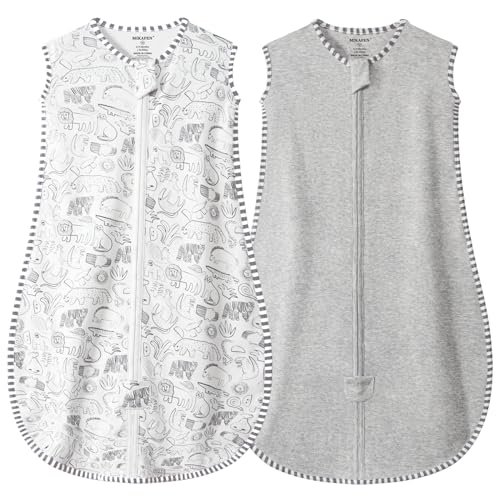 MIKAFEN Baby Sleeping Bag Spring and Summer 1.0Tog,100% Organic Cotton Sleeveless Baby Sleep Sack/Baby Swaddle (Animal&Grey 6-14months)