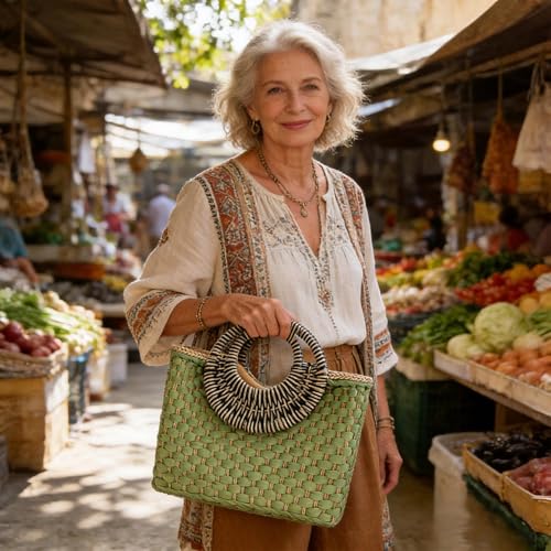 Bolso de playa retro de paja para mujer con asa redonda verde miniatura 2
