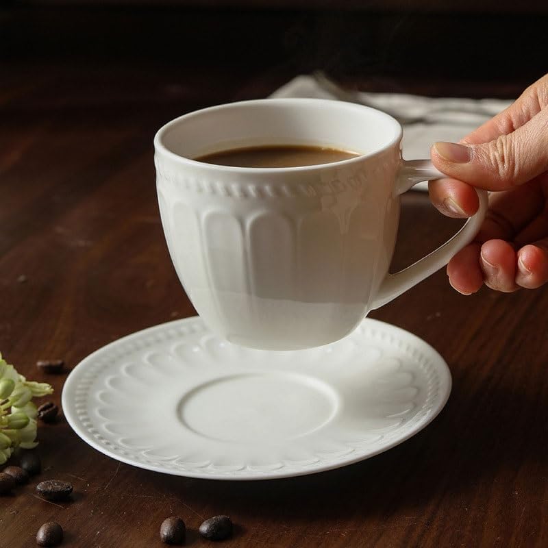 Embossed White Ceramic Coffee Cup Saucer Set Afternoon Tea Cup