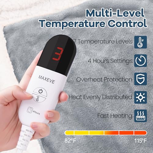 Heated Blanket Wearable Electric Blanket with Hood and Pockets, Heating Throw Blanket, Electric Heated Wrap Shawl with 6 Heating Levels Setting & 4 Hours Auto Shut Off, Machine Washable(Shrot, Grey)