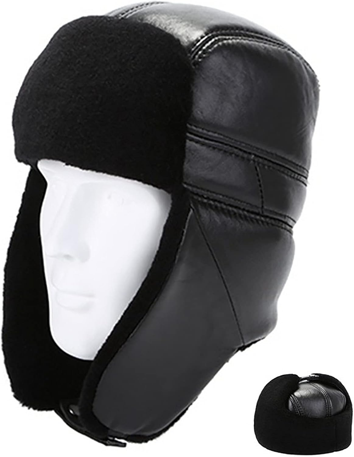 Winter Hats,Bomber Hat Mens Trooper Trapper Hat Bomber Hats with Imitation Mink Fur Leather Aviator Cap Windproof Winter,Black-7 1/4-7 3/8