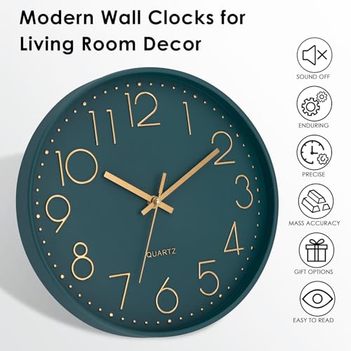 Image of Lumuasky Wall Clock,Battery Operated Modern Analog Silent Non-Ticking Decorative Emerald Clock for School Office Classroom Bedroom Kitchen Living Room Nursery Decor (12 inch)