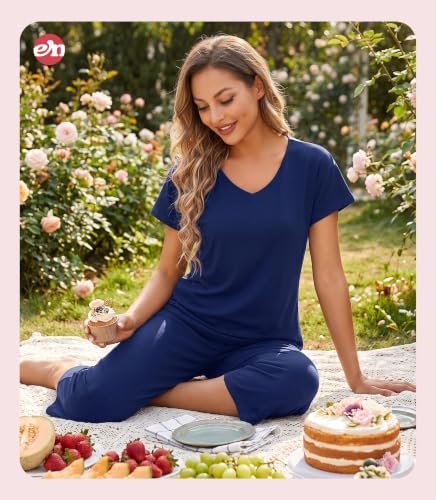 Image of ENJOYNIGHT Womens Pajama Sets Cotton Pj Set Short Sleeve Top With Capri Pants Sleepwear 2 Piece Lounge Set