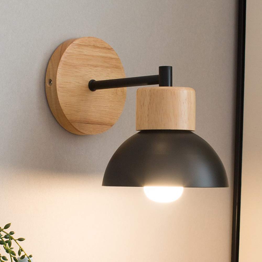 Mengjay Black Modern Metal Wall Lamp Wooden Decorative E27 Wall Light Sconce Lighting For Hallway Aisle Bedside Study Room Bathroom With Elegant Painted Lamp Shade